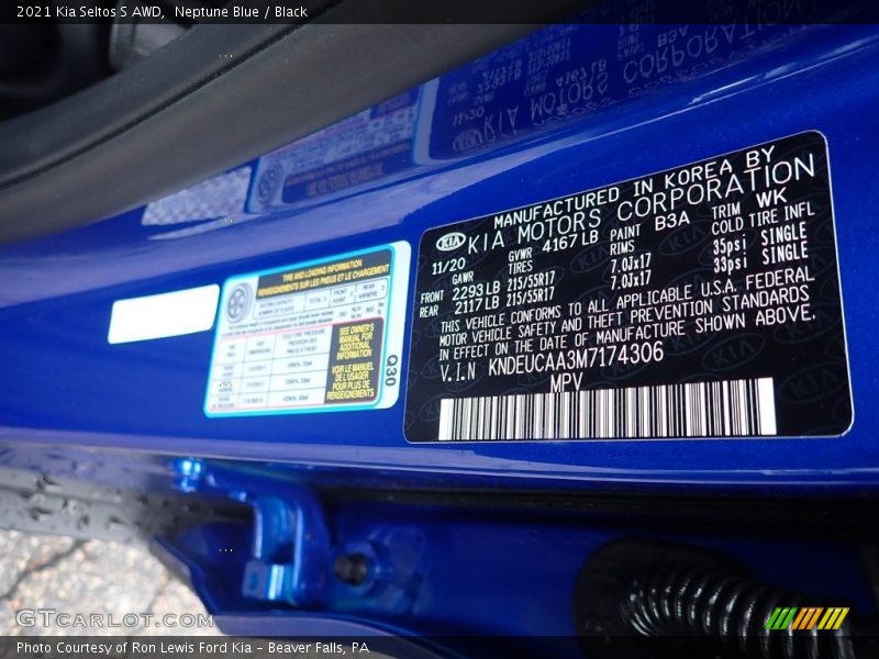2021 Seltos S AWD Neptune Blue Color Code B3A