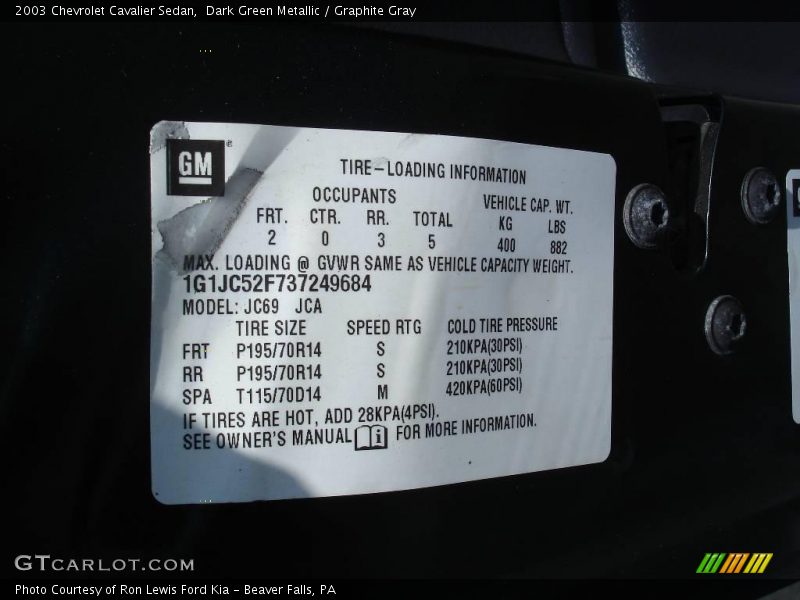 Dark Green Metallic / Graphite Gray 2003 Chevrolet Cavalier Sedan