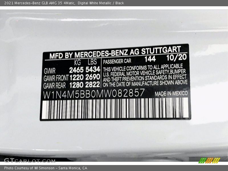 2021 GLB AMG 35 4Matic Digital White Metallic Color Code 144