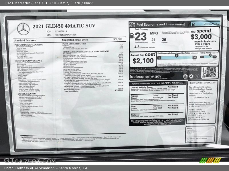  2021 GLE 450 4Matic Window Sticker