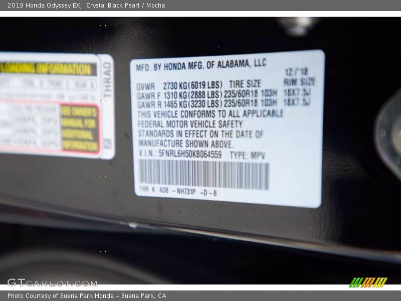 Crystal Black Pearl / Mocha 2019 Honda Odyssey EX