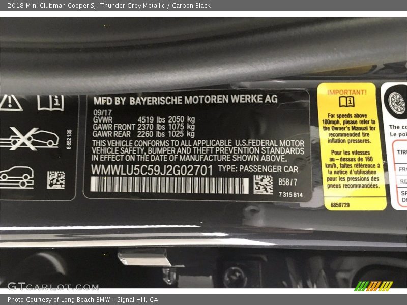 Thunder Grey Metallic / Carbon Black 2018 Mini Clubman Cooper S