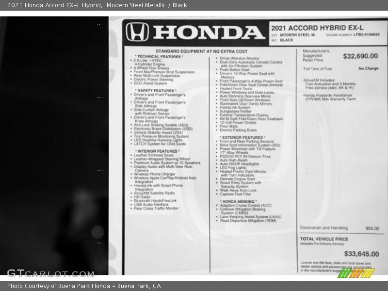 Modern Steel Metallic / Black 2021 Honda Accord EX-L Hybrid