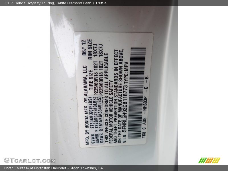 White Diamond Pearl / Truffle 2012 Honda Odyssey Touring