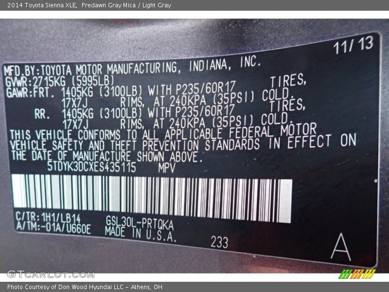 Predawn Gray Mica / Light Gray 2014 Toyota Sienna XLE