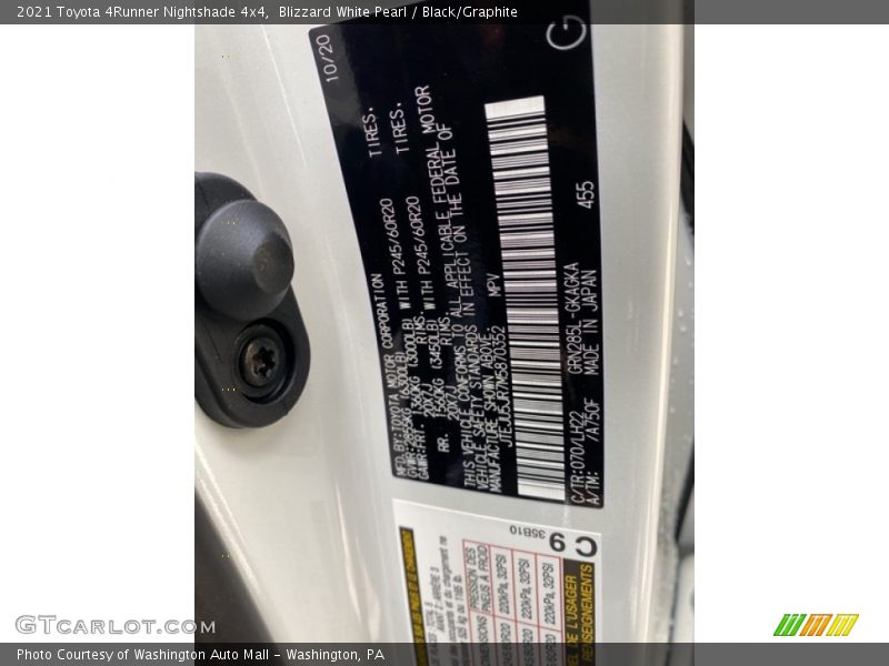 2021 4Runner Nightshade 4x4 Blizzard White Pearl Color Code 070