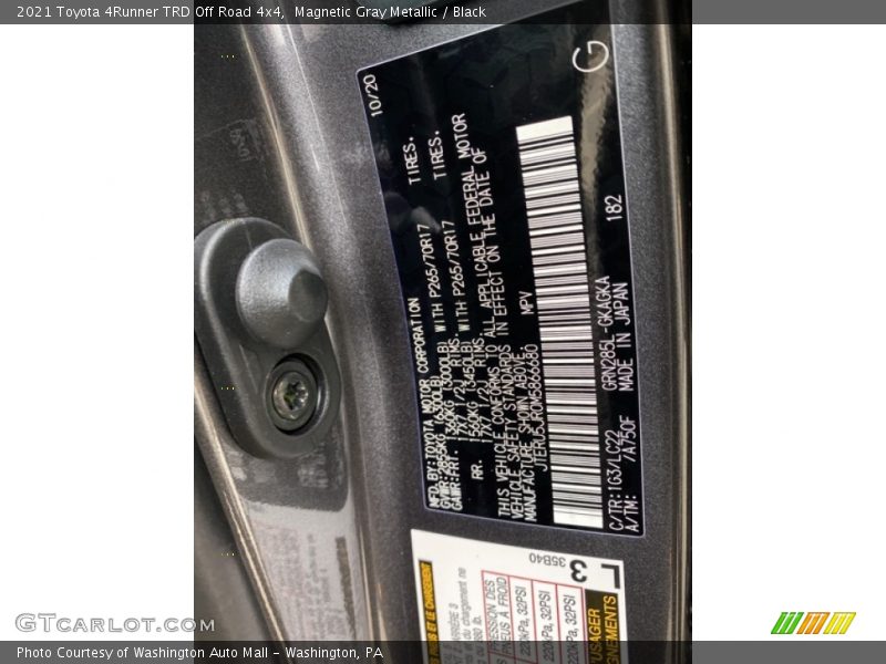 2021 4Runner TRD Off Road 4x4 Magnetic Gray Metallic Color Code 1G3