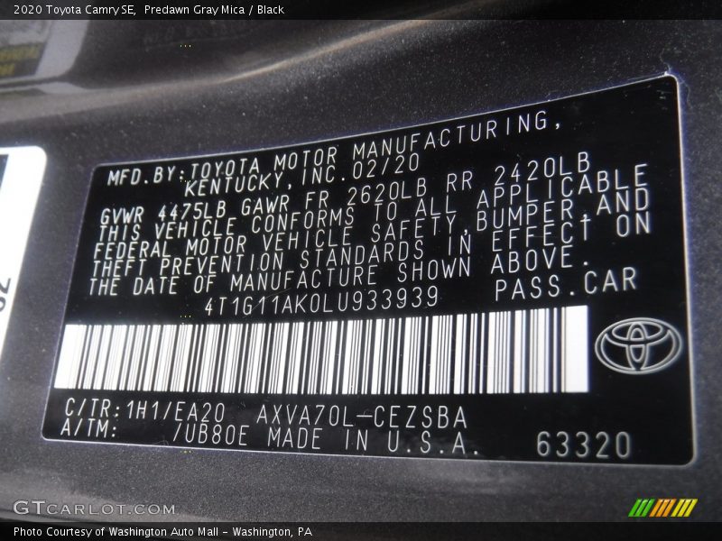 Predawn Gray Mica / Black 2020 Toyota Camry SE