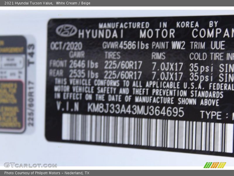 White Cream / Beige 2021 Hyundai Tucson Value