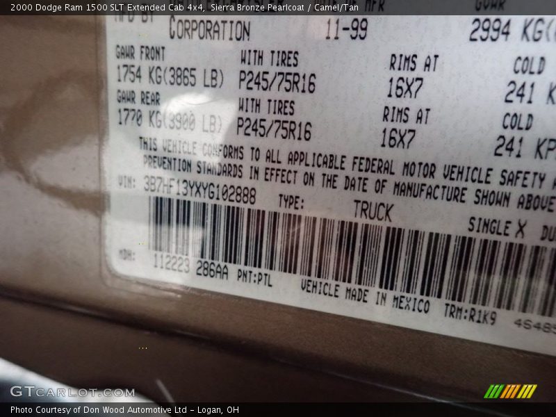 2000 Ram 1500 SLT Extended Cab 4x4 Sierra Bronze Pearlcoat Color Code PTL