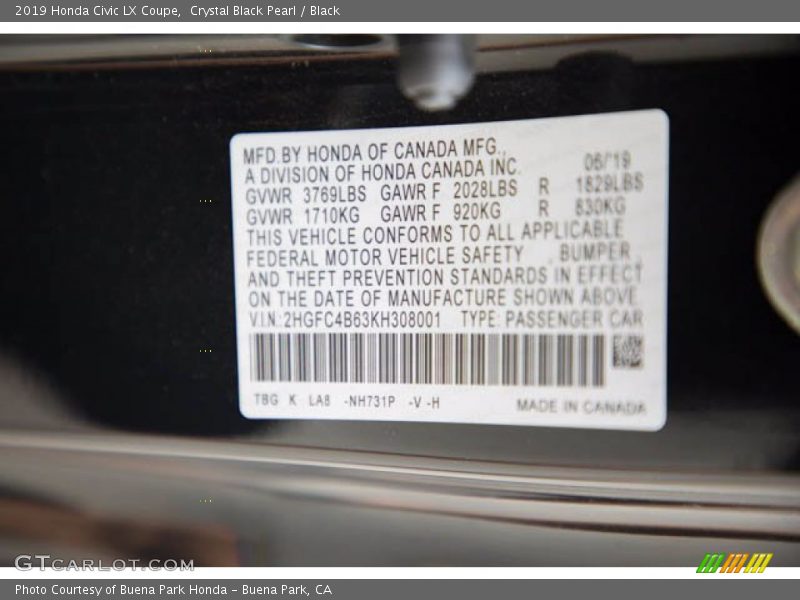 Crystal Black Pearl / Black 2019 Honda Civic LX Coupe