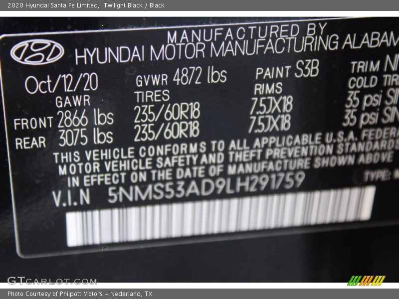 Twilight Black / Black 2020 Hyundai Santa Fe Limited