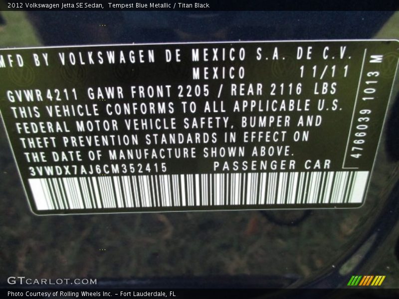 Tempest Blue Metallic / Titan Black 2012 Volkswagen Jetta SE Sedan