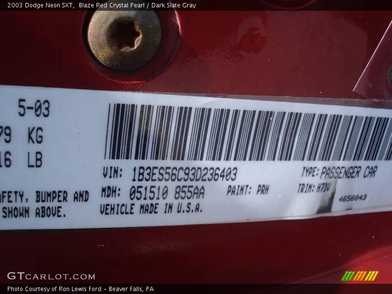 Blaze Red Crystal Pearl / Dark Slate Gray 2003 Dodge Neon SXT