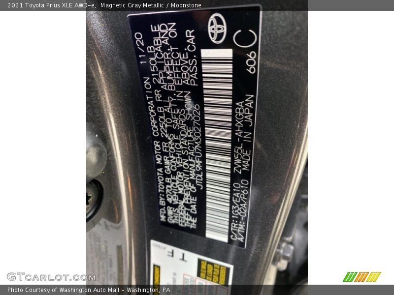 2021 Prius XLE AWD-e Magnetic Gray Metallic Color Code 1G3