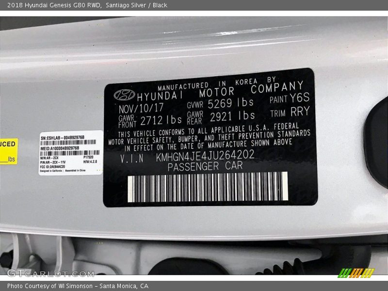 2018 Genesis G80 RWD Santiago Silver Color Code Y6S