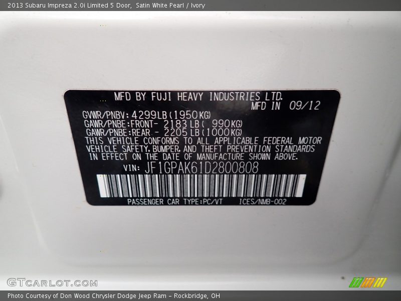Satin White Pearl / Ivory 2013 Subaru Impreza 2.0i Limited 5 Door