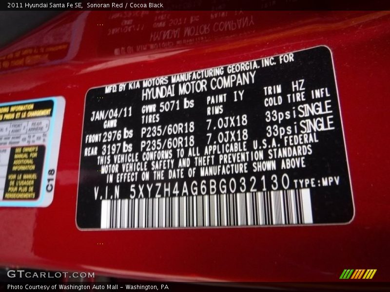 Sonoran Red / Cocoa Black 2011 Hyundai Santa Fe SE