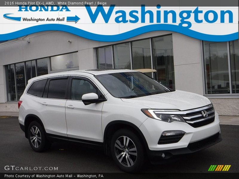 White Diamond Pearl / Beige 2016 Honda Pilot EX-L AWD