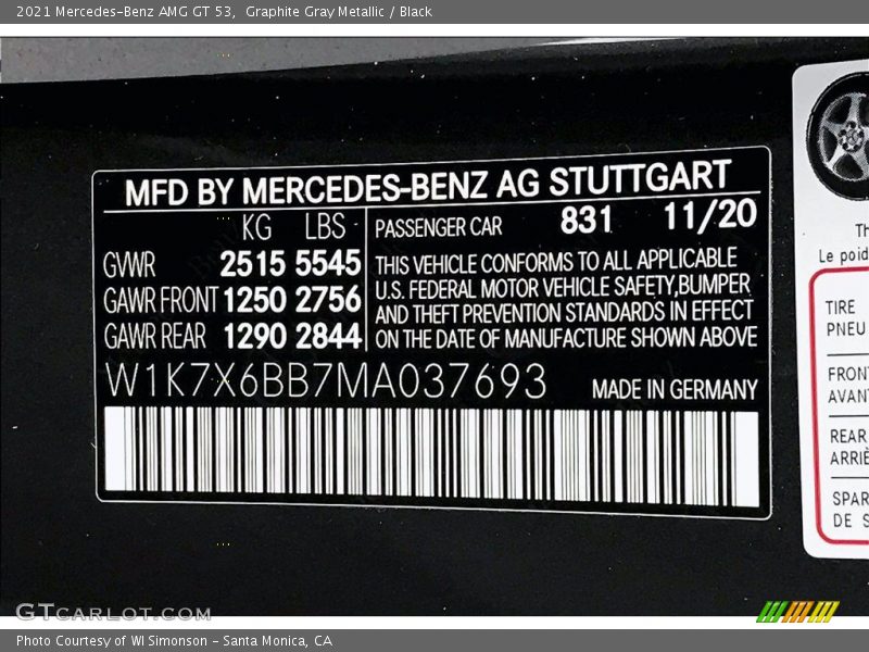 2021 AMG GT 53 Graphite Gray Metallic Color Code 831