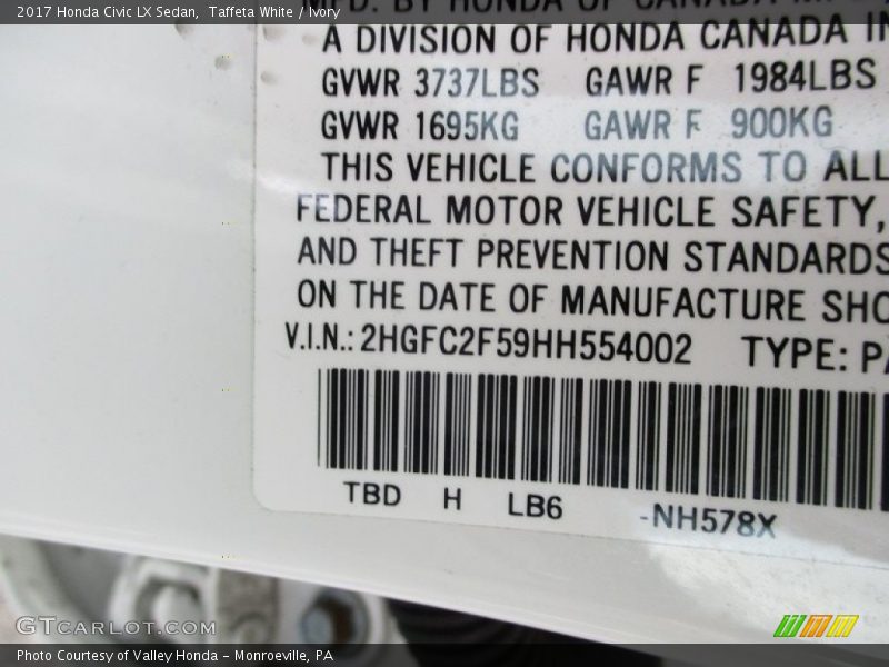 Taffeta White / Ivory 2017 Honda Civic LX Sedan