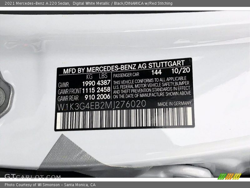 Digital White Metallic / Black/DINAMICA w/Red Stitching 2021 Mercedes-Benz A 220 Sedan