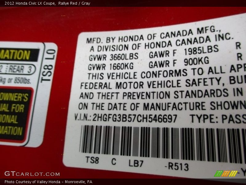 Rallye Red / Gray 2012 Honda Civic LX Coupe