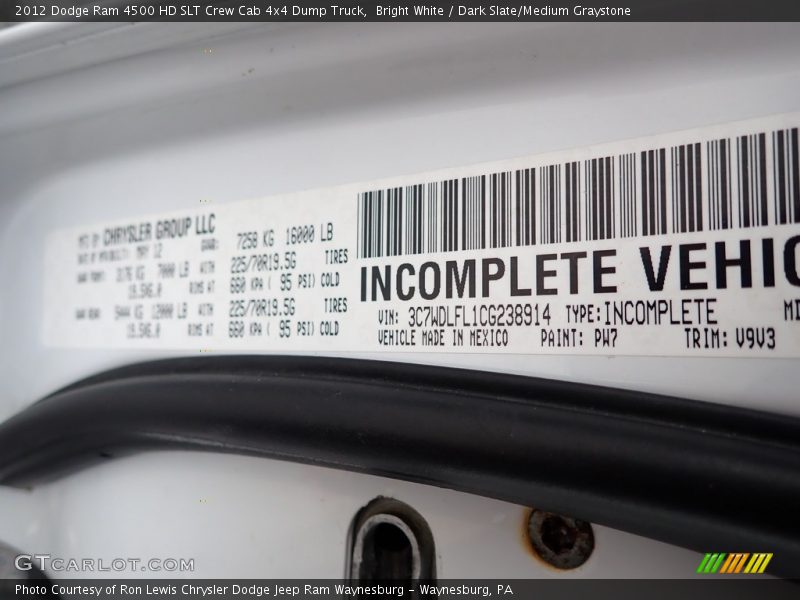 2012 Ram 4500 HD SLT Crew Cab 4x4 Dump Truck Bright White Color Code PW7