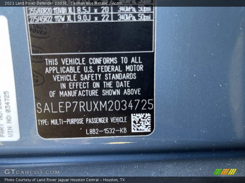 Tasman Blue Metallic / Acorn 2021 Land Rover Defender 110 SE