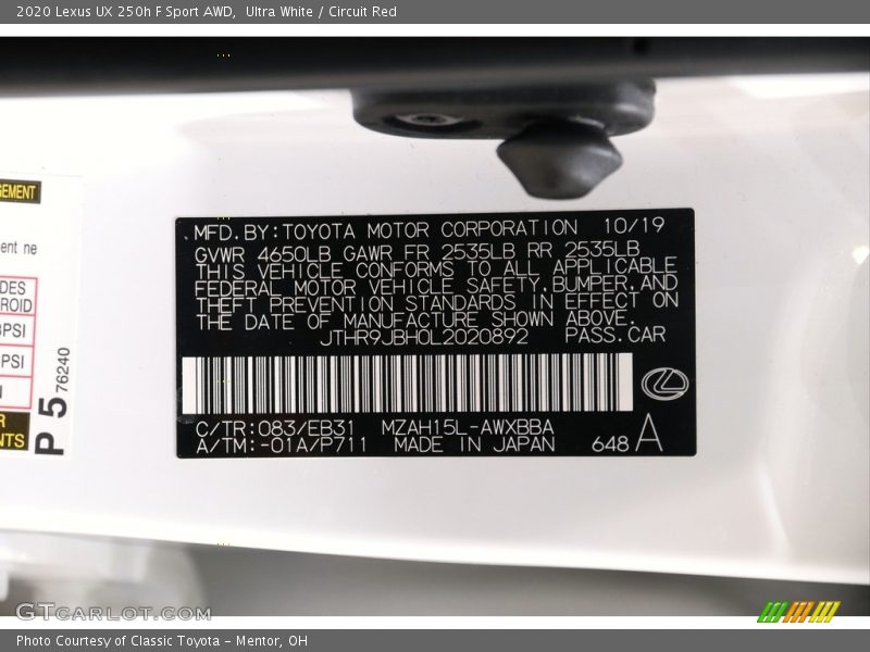 2020 UX 250h F Sport AWD Ultra White Color Code 083