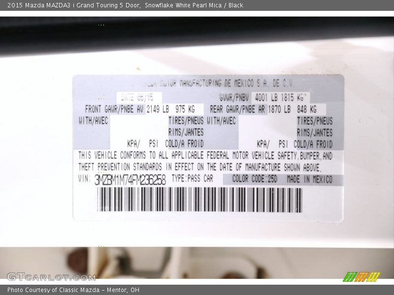 2015 MAZDA3 i Grand Touring 5 Door Snowflake White Pearl Mica Color Code 25D