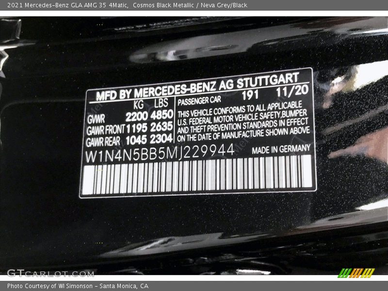 2021 GLA AMG 35 4Matic Cosmos Black Metallic Color Code 191