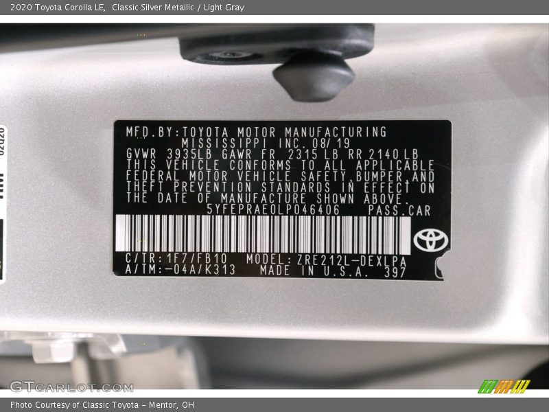 2020 Corolla LE Classic Silver Metallic Color Code 1F7