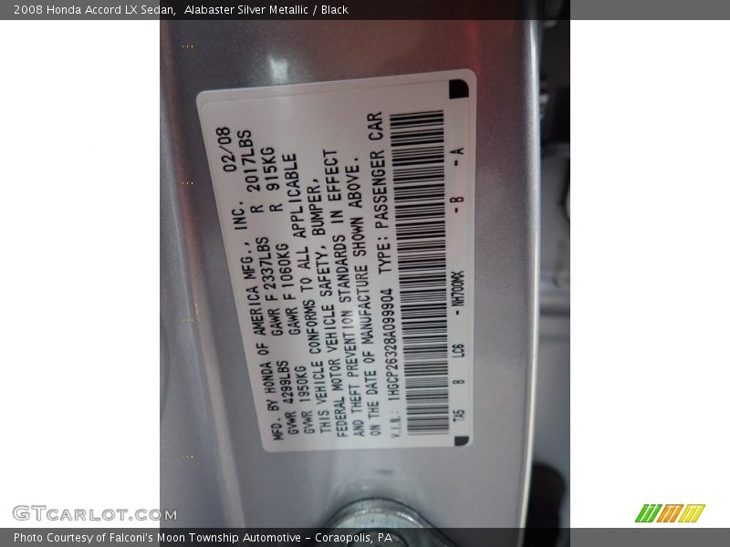 Alabaster Silver Metallic / Black 2008 Honda Accord LX Sedan