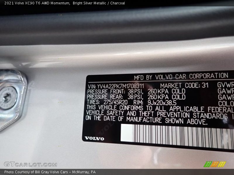 Bright Silver Metallic / Charcoal 2021 Volvo XC90 T6 AWD Momentum