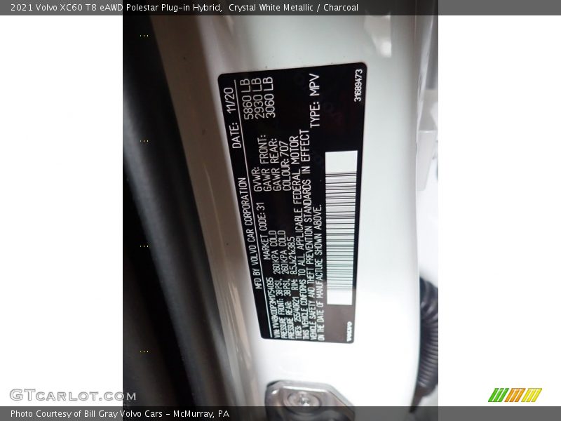 Crystal White Metallic / Charcoal 2021 Volvo XC60 T8 eAWD Polestar Plug-in Hybrid