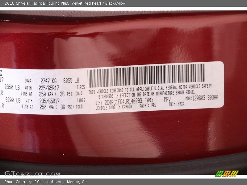 Velvet Red Pearl / Black/Alloy 2018 Chrysler Pacifica Touring Plus