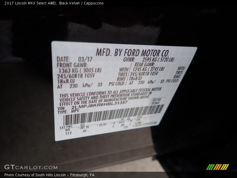 2017 MKX Select AWD Black Velvet Color Code G1