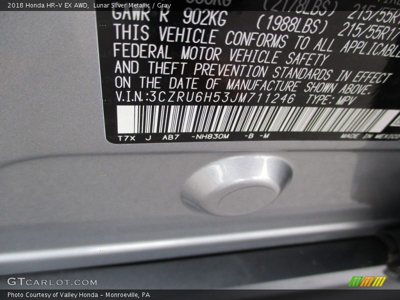 2018 HR-V EX AWD Lunar Silver Metallic Color Code NH830M