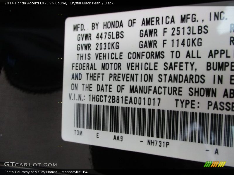 Crystal Black Pearl / Black 2014 Honda Accord EX-L V6 Coupe