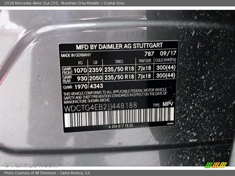 Mountain Grey Metallic / Crystal Grey 2018 Mercedes-Benz GLA 250