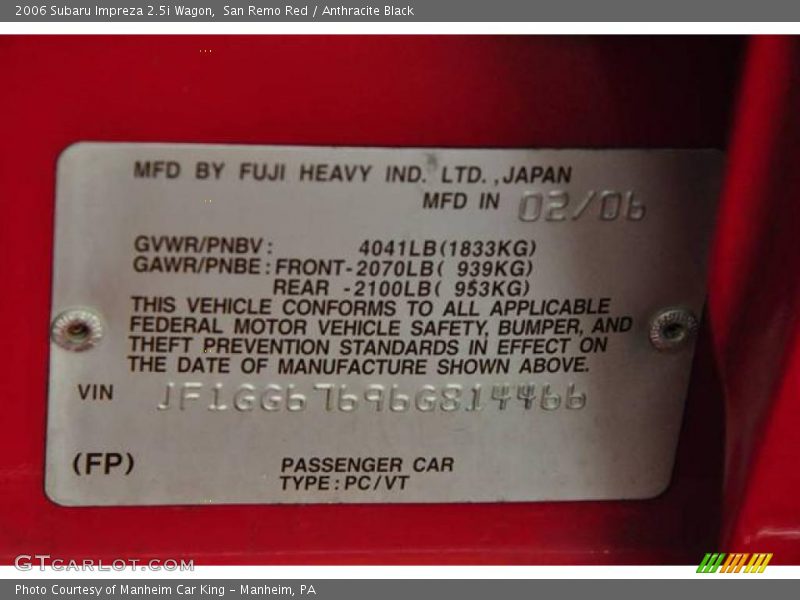 San Remo Red / Anthracite Black 2006 Subaru Impreza 2.5i Wagon