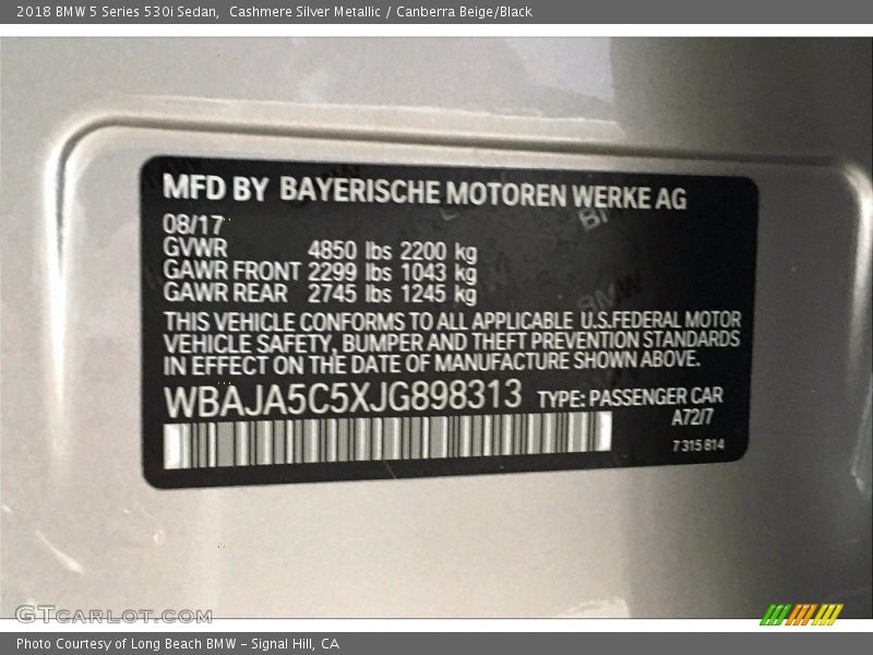 2018 5 Series 530i Sedan Cashmere Silver Metallic Color Code A72