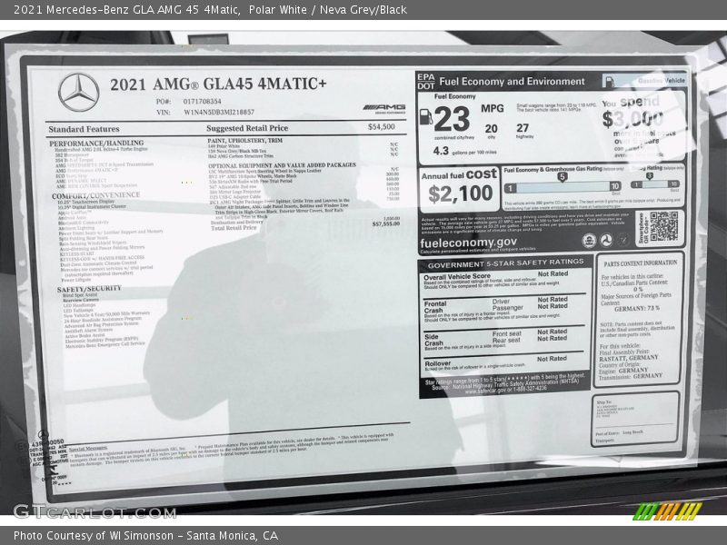  2021 GLA AMG 45 4Matic Window Sticker