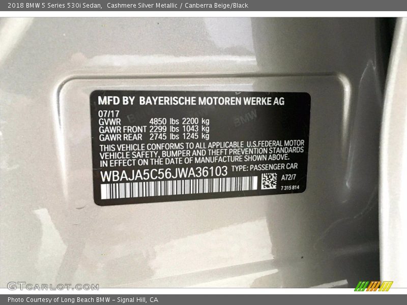2018 5 Series 530i Sedan Cashmere Silver Metallic Color Code A72