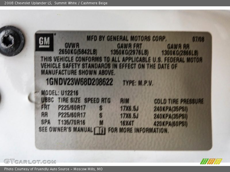 Summit White / Cashmere Beige 2008 Chevrolet Uplander LS