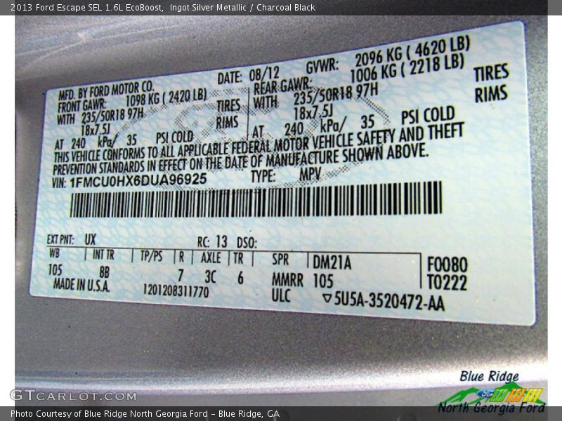 Ingot Silver Metallic / Charcoal Black 2013 Ford Escape SEL 1.6L EcoBoost