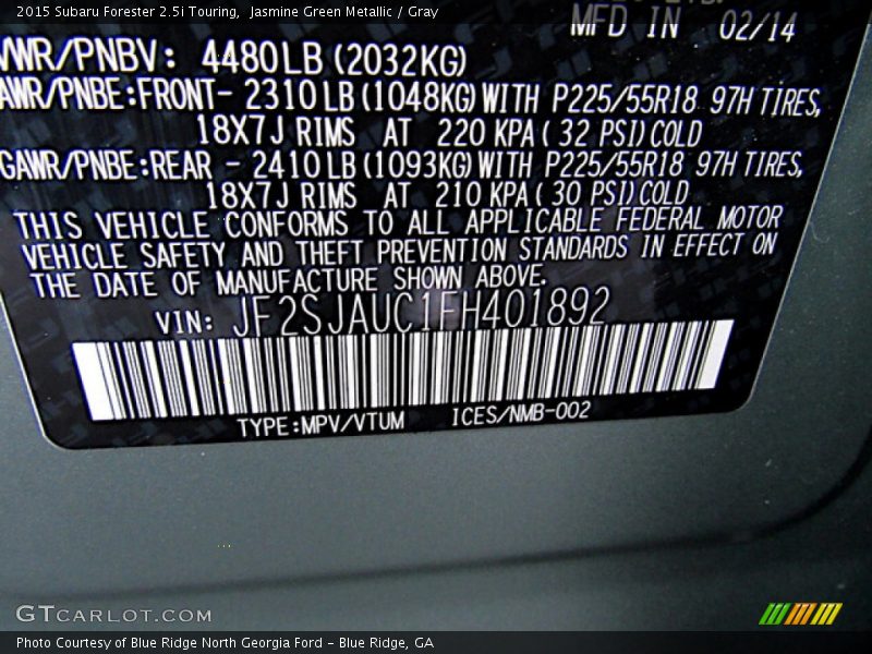 Jasmine Green Metallic / Gray 2015 Subaru Forester 2.5i Touring
