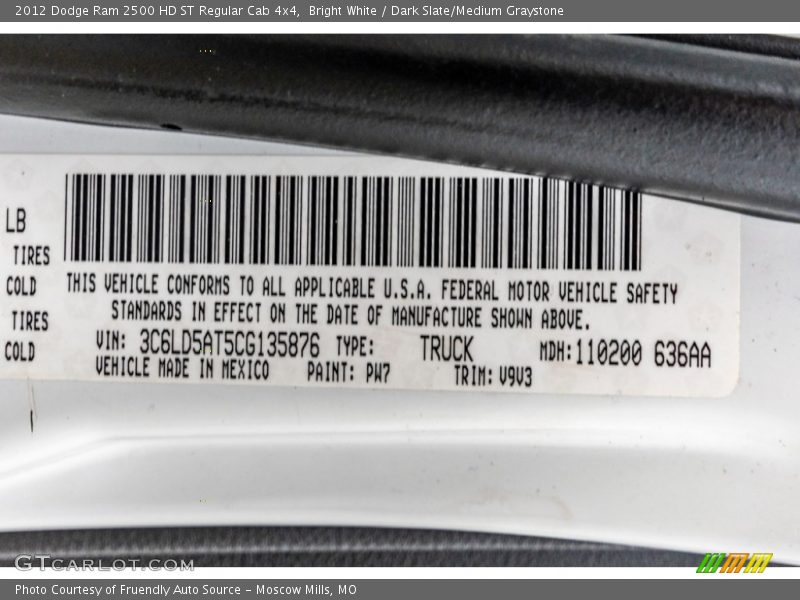 2012 Ram 2500 HD ST Regular Cab 4x4 Bright White Color Code PW7