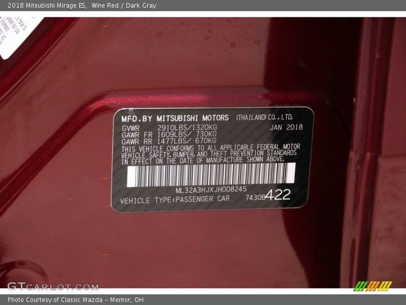 Wine Red / Dark Gray 2018 Mitsubishi Mirage ES